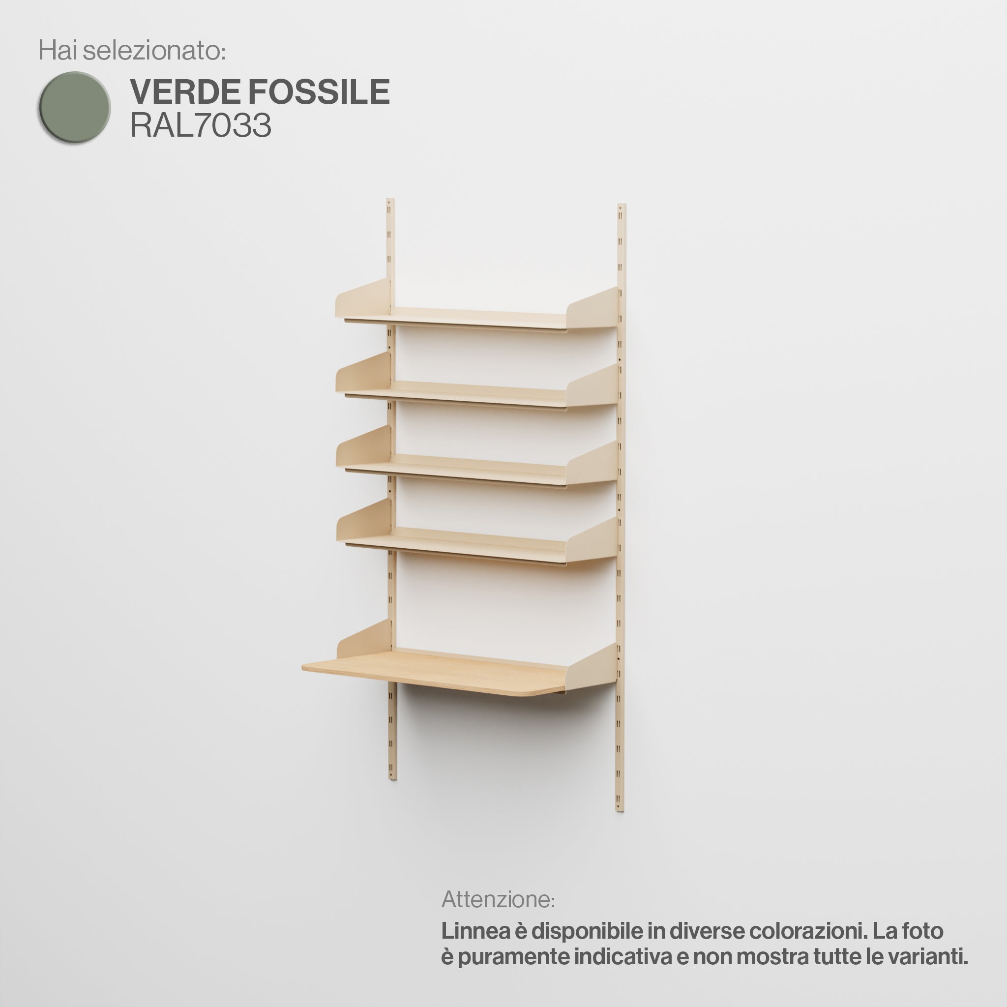 Linnea - Sistema a parete per Home Office (4 mensole e scrivania appesa) - Verde Fossile (RAL7033)