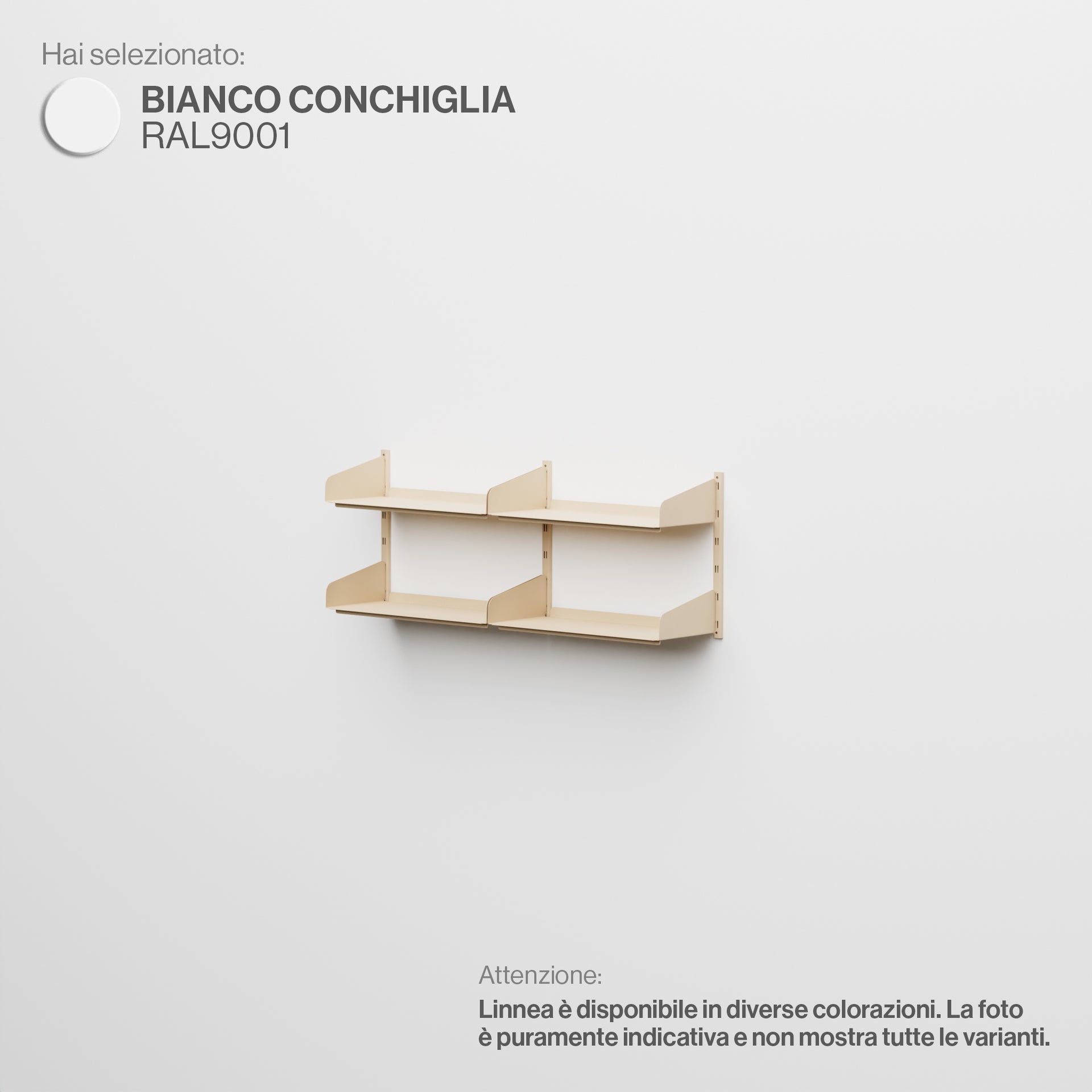 Linnea - sistema modulare a parete (2 mensole da 60 cm, campata doppia) - Bianco Conchiglia (RAL9001)