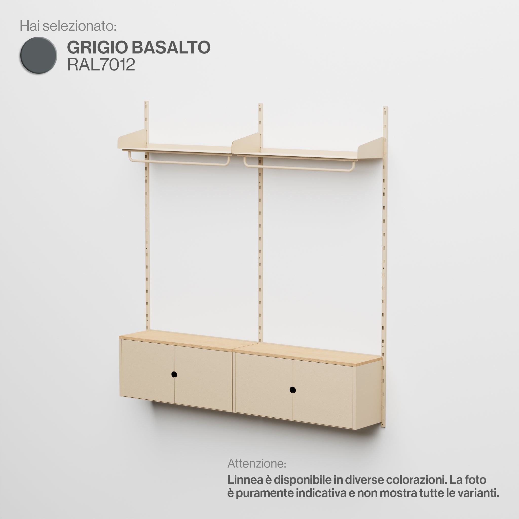 Linnea - Sistema Modulare a Parete con Barra Appendiabiti e Moduli Contenitore, Campata Doppia (larghezza 90 cm) - Grigio Basalto