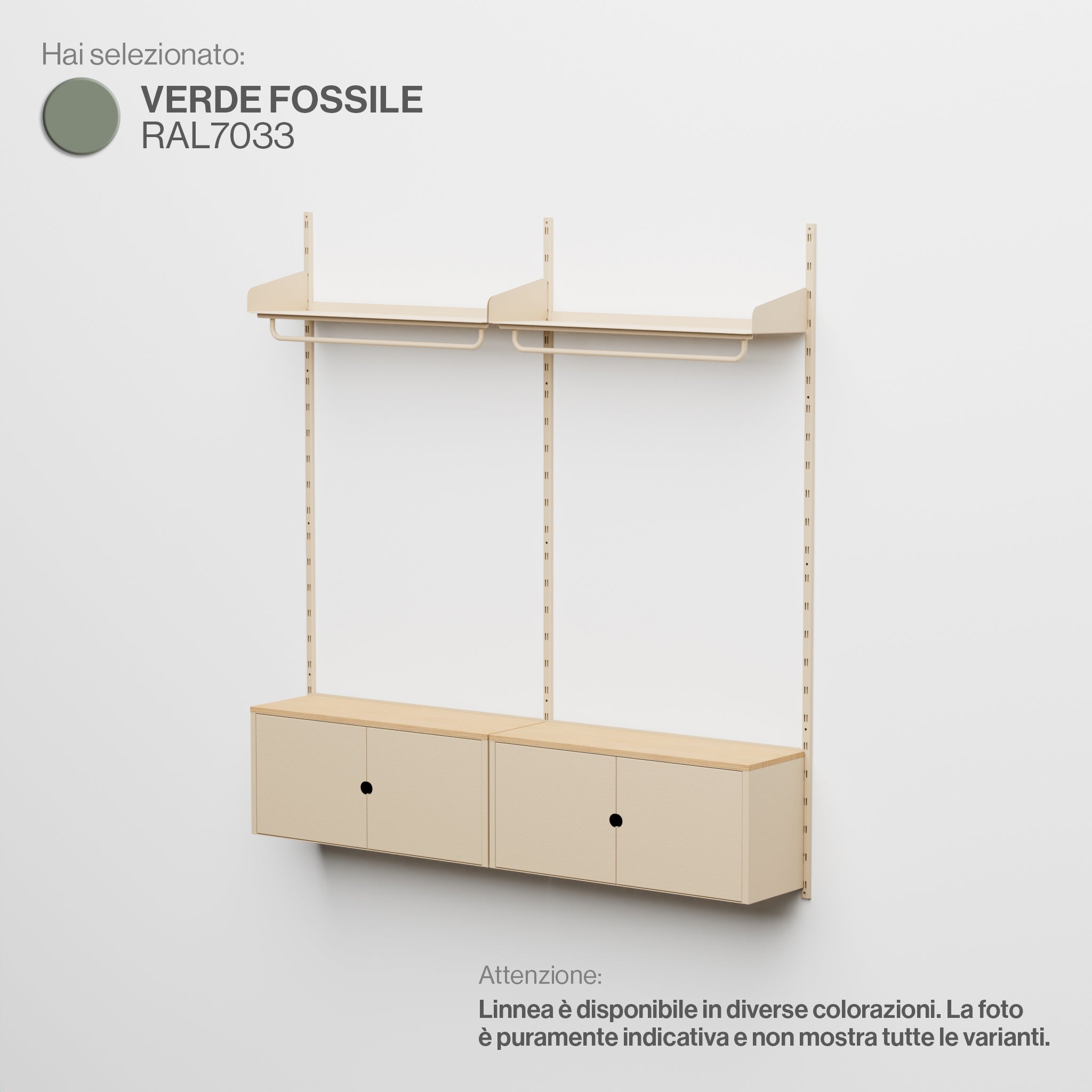 Linnea - Sistema Modulare a Parete con Barra Appendiabiti e Moduli Contenitore, Campata Doppia (larghezza 90 cm) - Verde Fossile