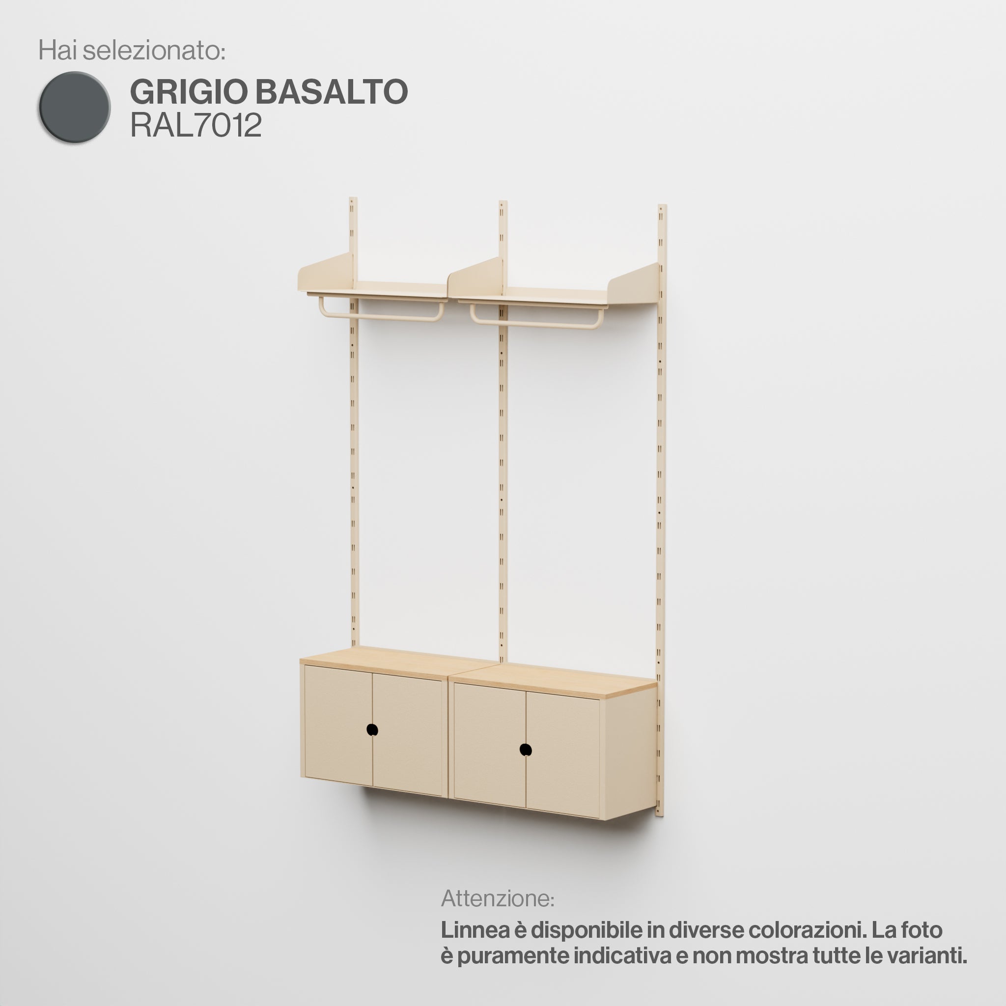 Linnea - Sistema Modulare a Parete con Barra Appendiabiti e Moduli Contenitore, Campata Doppia (larghezza 60 cm) -  Grigio Basalto