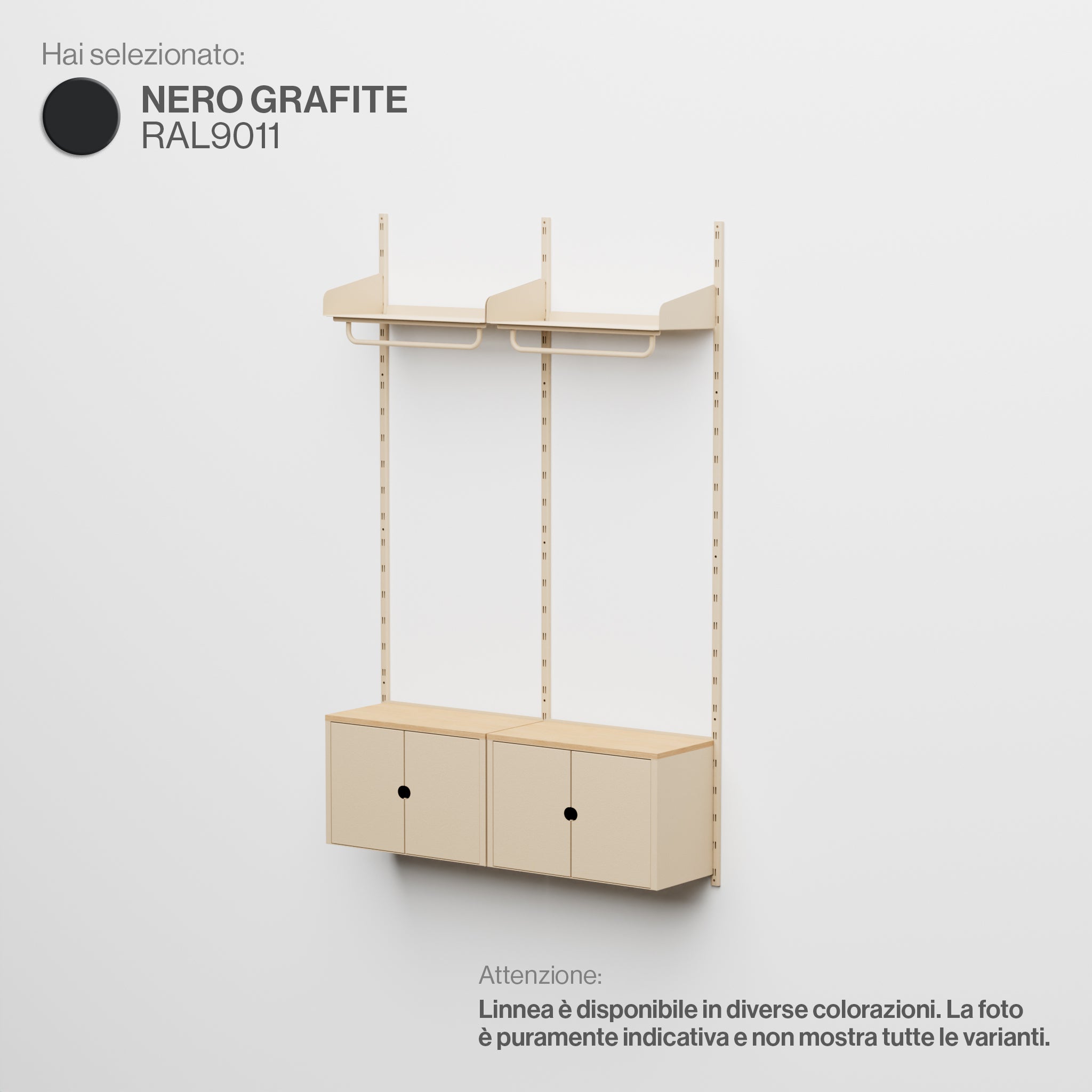 Linnea - Sistema Modulare a Parete con Barra Appendiabiti e Moduli Contenitore, Campata Doppia (larghezza 60 cm) - Nero Grafite