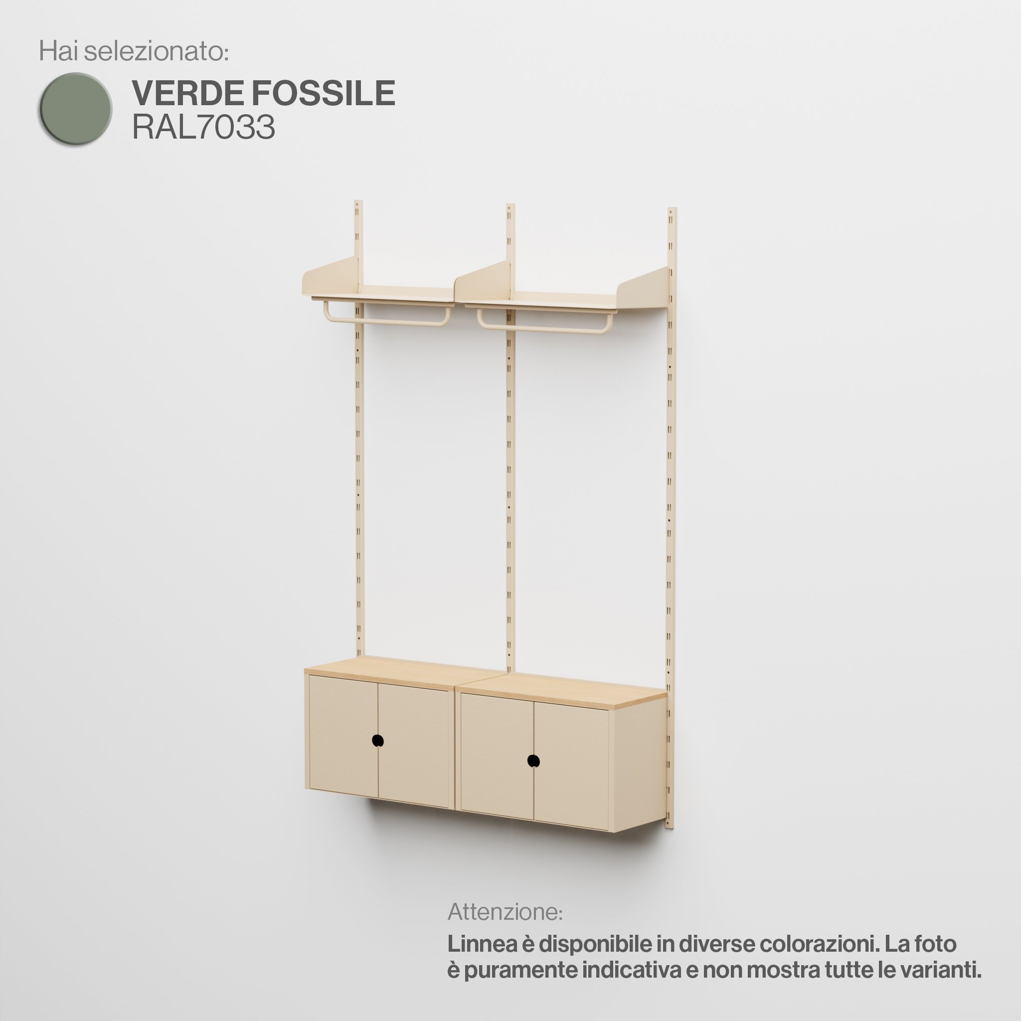 Linnea - Sistema Modulare a Parete con Barra Appendiabiti e Moduli Contenitore, Campata Doppia (larghezza 60 cm) - Verde Fossile